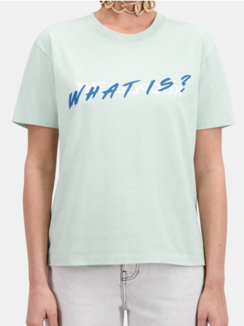 The Kooples Cotton Mint Green Tee with Blue 'WHAT IS?' Graphic NWT $115